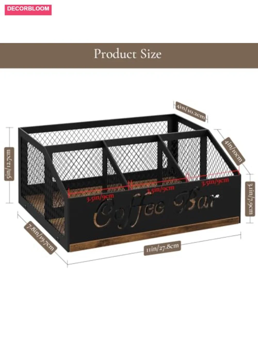 Coffee Station Organizer Countertop Wood & Metal Mesh Storage